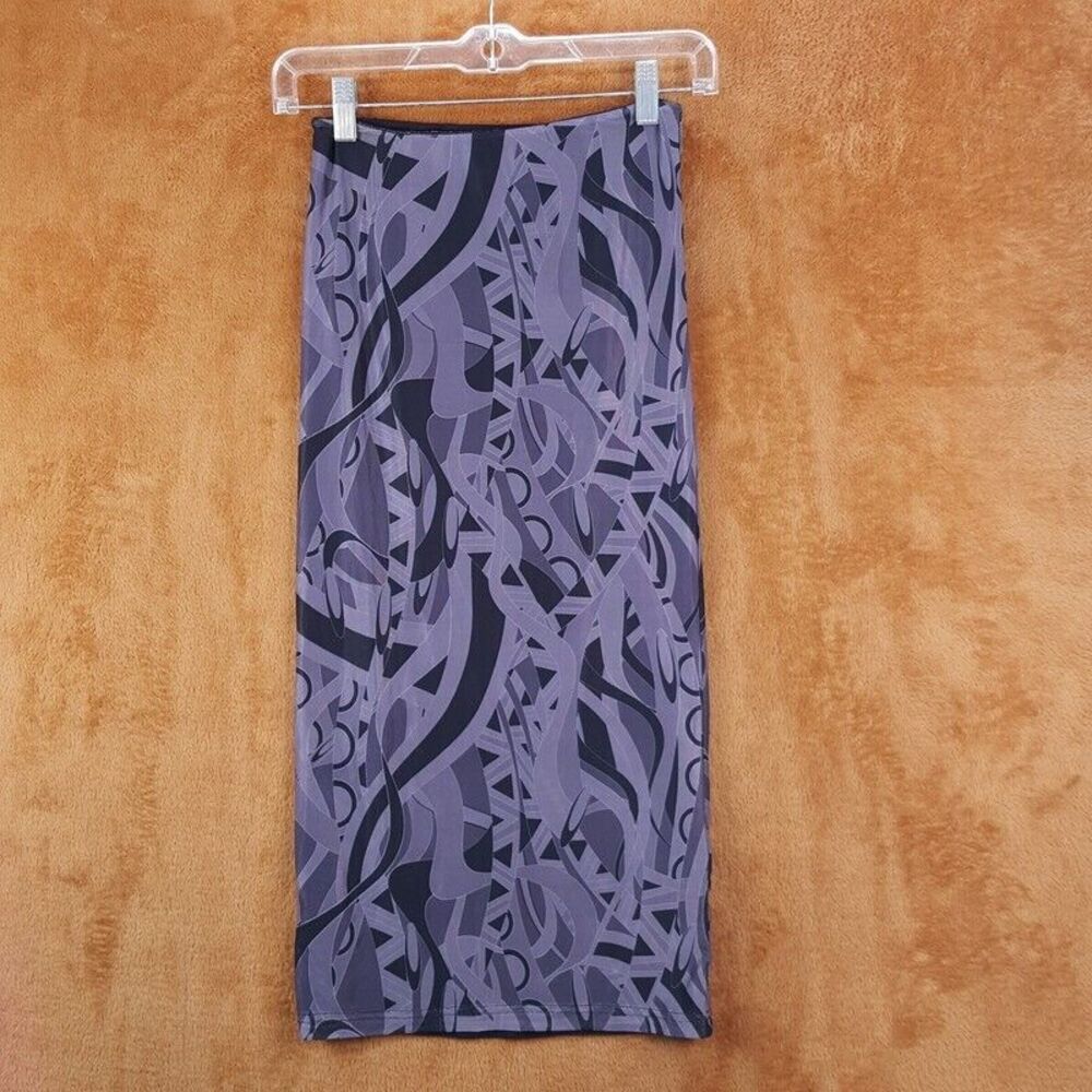 TIGER MIST Skirt Womens XS Gray Pull On Midi Pencil Black Swirl Mesh Stretch
